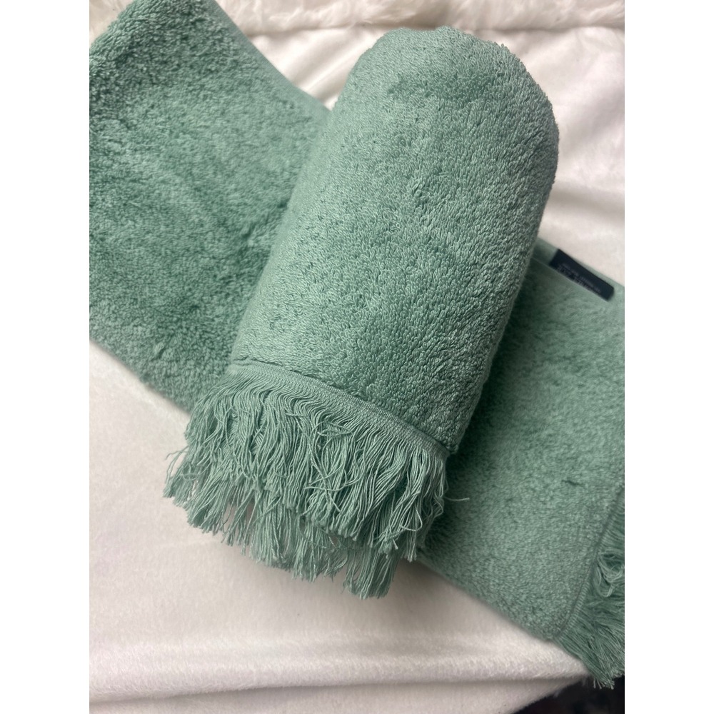 Rachel Zoe Sage Green Fringed Cotton Terry Hand Towel Boho Bathroom Decor